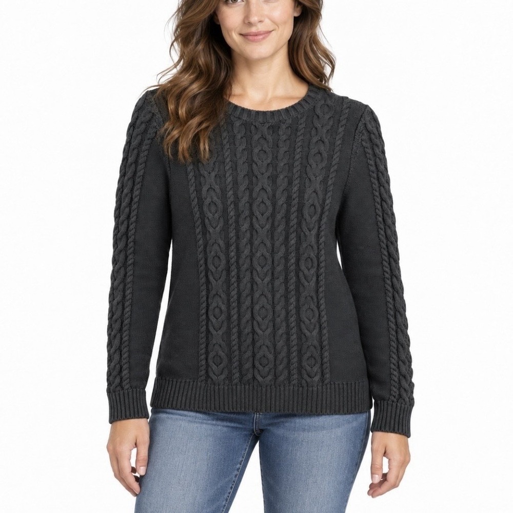 LL Bean Black Double L Mixed Cable Cotton Crew Neck Pullover Sweater Size SMALL